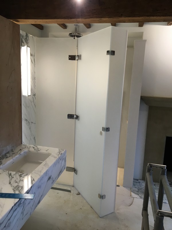 Bespoke frosted glass shower enclosure in Welwyn Garden City luxury bathroom